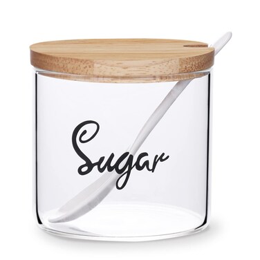 Clear Glass Sugar Bowl with Serving Spoon and Lid, Farmhouse Kitchen Countertop Canisters, Container Jar Dispenser Holder for Home Kitchen,12 oz