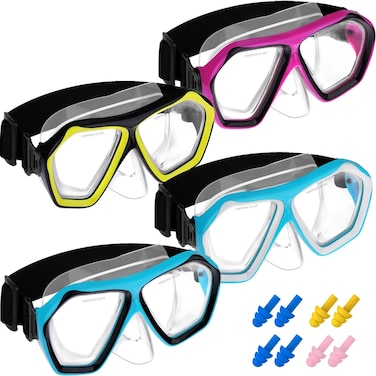 4 Pack Adult Swim Goggles with Nose Cover - Pool Goggles Swim Mask with Swimming Earplugs Set - Anti-Fog Nose Goggles with Fabric Strap - Diving Mask Youth Goggles with Nose Cover
