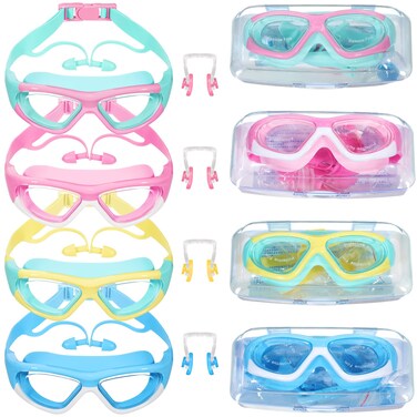 Yexiya 4 Pack Kids Diving Goggles Swim Goggles for Kids 3-12 Anti Fog Goggles No Leaking Clear Goggles with Nose Plugs for Boys Girls Toddler Youth Teens Children Pool