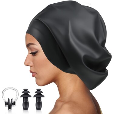 12.6 x 11.42 inch Silicone Swim Cap for Women Men Extra Large Swimming Cap Waterproof Bathing Cap Swim Hat with Ear Plug and Nose Clip for Long Hair Braids Dreadlocks Extensions, Black and L Size