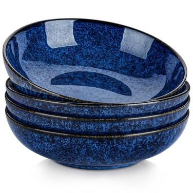 vancasso Stern Large Pasta Bowls Set of 4, 38 Oz Ceramic Salad Plate Bowls for Serving, Kitchen Stoneware Wide Bowls for Soup, Pasta, Salad, Cereals, Microwave Oven Safe, Reactive Glaze-Blue