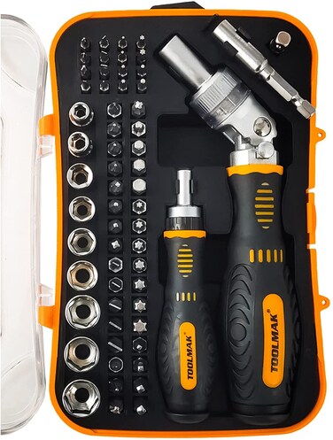 TOOLMAK 61pcs Ratcheting Screwdriver Set,Socket Set,Precision Screwdriver Bit Set with Rotatable Ratchet Handles &iuml;&frac14;&dagger; Storage Case,Household Repair Tool Kits for Bike Watches and glasses,phones etc