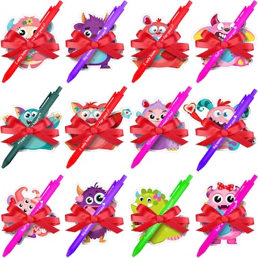 Pasimy 24 Set Valentines Day Sticky Notes with Pens Stationery Gift Valentine's Day Notepad Valentine Heart Self Stick Pad for Office School Class Exchange Goody Bag (Colorful,Monster)
