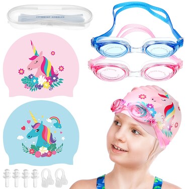 Geyoga 2 Set Swim Cap Kids Unicorn Silicone Waterproof Age 2-12 Cute 2 Swim Caps with 2 Goggles for Long Short Hair Kids Children Boys Girls Toddler at Beach Pool Fun Lessons