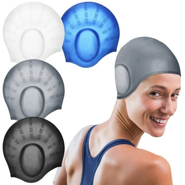 4 Pack Silicone Swimming Cap with 3D Ear Protection Cap Waterproof Bathing Solid Swimming Cap Swimming Unisex Bathing Swimming Hat for Kids Women Men Adults Child Youth Teen Long Hair, 4 Colors
