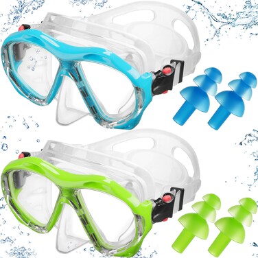 Kigley 2 Pcs Unisex Swim Goggles for Adults Snorkel Diving Mask with Nose Cover Silicone Adults Swim Mask Swimming Snorkel Goggles Glasses with 2 Pair Earplugs (Green, Blue)
