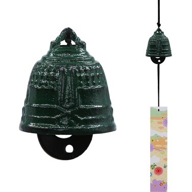 A.F.N.A.L Japanese Wind Chime Cast-Iron Outdoor Ornament for Garden, Patio &amp; Balcony, Hanging Metal Wind-Bell Decoration Gift, Blessing Pendant Windchimes &amp; PVC Wind-Catcher, Big Temple Bell - Green