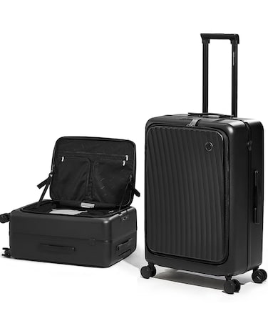 OIWAS 24 Inch Checked Luggage Suitcases with Spinner Wheels, PC Hard Shell Luggage wih Front Pocket Cup Holder, Aluminum Frame TSA Lock Checked Luggage, Black, 24inch