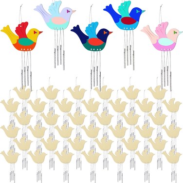 Taiyin Bird Wooden Wind Chime Bird Wind Chime Wood Windchimes Outdoors Decorative Wooden Hanging Wind Chime for Kids Girls Boys Gifts Outdoor Garden Patio Balcony Arts and Crafts (50 Pieces)