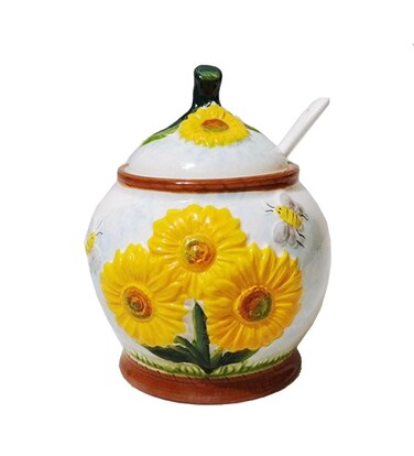 123Arts Sugar Bowl Sunflower Jar Ceramic Hand Drawn Spice Jar Storage Jar Ornament