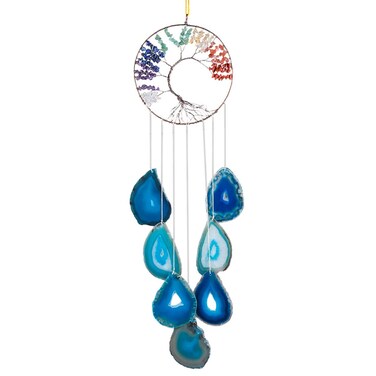 SUNYIK Tree of Life Agate Slice Wind Chime, Handmade 7 Chakra Stone Healing Crystal Wind Chime for Indoor Outdoor Decoration Ornament 24-27'', Blue