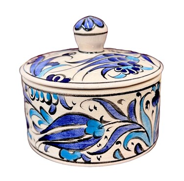 Turkish Sugar Bowl with Lid Blue Tulip, Sugar Jar, Ceramic Sugar Container, Hand Painted, 5 oz., Decoration Jar