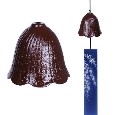 Japanese Wind Chime Cast-Iron Outdoor Ornament for Garden, Patio &amp; Balcony, Hanging Metal Wind-Bell Decoration Gift, Blessing Pendant Windchimes &amp; PVC Wind-Catcher, Red Flower