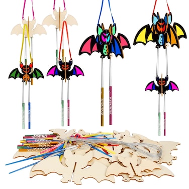 KATOOM 8 Pack Wind Chime Kit for Kids,Halloween Craft Kits Wooden 3D Bat Wind Chime Decorative Hanging Ornaments DIY Painting Craft for Boys Girls Halloween Activity Art Project