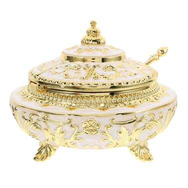 Veemoon Turkish Dish Container Golden Candy Servers Coated Handmade Brass Sugar Bowl Serving Dish Jar with Lid and Spoon Fancy Copper Pot for Kitchen Buffet Wedding Decor