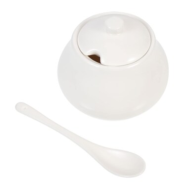 CALLARON Ceramic Sugar Bowl with Lid Spoon White Bone China Condiment Jar Porcelain Seasoning Box Salt Bowl Candy Container for Milk Salt Coffee Tea 3.5 x 2.8 inch