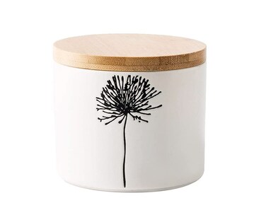 123Arts Ceramic Sugar Bowl Relief Dandelion Candy Dish Storage Pot with Seal Wooden Lid
