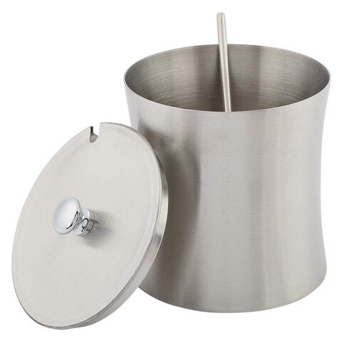 Nikou Stainless Steel Sugar Bowl, 13.5 OZ, 400 ml, with Lid and Spoon, Silver, Round, Geometric Pattern, Durable, Rust Resistant, Dishwasher Safe, Home and Kitchen Storage