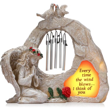 Praying Solar Angel Statue Sympathy Gift,Cementary Decoration Garden Angel Memorial Wind Chime Statue Cementary Sympathy Gift Solar Angel Resin Figurines Light for Home Decoration (Elegant Style)