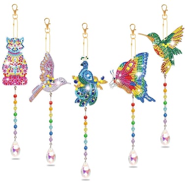 5 Pieces Diamond Painting Suncatcher Kits for Adults, Wind Chime Kits for Beginner Diamond Art Special Shapes Gem Paint by Number for Garden Home Decor, Gift(Cat Hummingbird Peacock Butterfly)