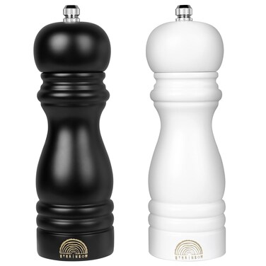 Salt and Pepper Grinder Set - Adjustable Wooden Grinders, Black &amp; White Salt and Pepper Mills, Refillable Salt and Pepper Shakers with Adjustable Coarseness, 7 Inch for Kitchen (Set of 2)