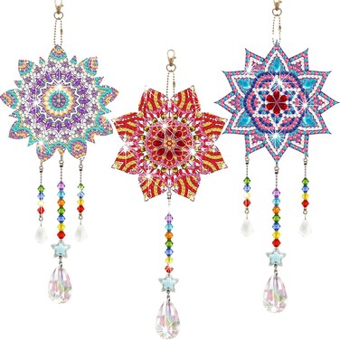 Macarrie 3 Pack Rhinestone Painting Suncatcher Wind Chime Double Sided Crystal Rhinestone Painting Hanging Ornament Flower Shape Suncatcher Kit for Adults DIY Window Home Garden(Vintage Style)