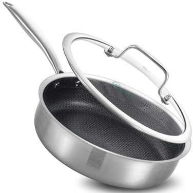 LOLYKITCH 10 Inch Hybrid Stainless Steel Non-Stick Saut&Atilde;&copy; Pan,Skillet,Induction Deep Frying Pan,Dishwasher and Oven Safe,Riveted Handle.