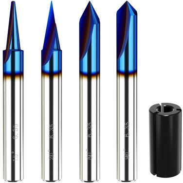 Engraving CNC Wood Carving Router Bit Set 1/4 Inch Shank 15&Acirc;&deg;, 20&Acirc;&deg;, 60&Acirc;&deg;, 90&Acirc;&deg; Engraving Bits with Nano Blue Coated, 2 Flutes Straight CNC V-bit Tungsten Steel Marking Conical Engraving Router Tool