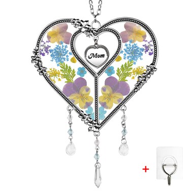 LARAINE Heart Suncatcher with Pressed Flower Wings Mom Mother's Day Love Glass Wind Chime Ornament Charm with Metal Heart Gifts for Mom Grandma Aunt Birthday (Grandma, Blue)