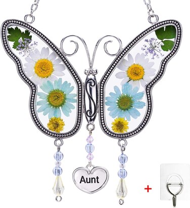 Kingtto Mother's Day Suncatcher Butterfly with Pressed Flower Wings Free Hook,Butterfly-Shaped Glass Wind Chimes with Real Flowers,Birthday for Aunt (Blue&amp;White, Aunt)