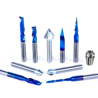 FoxAlien 1/4" Shank 3D Carving Router Bits Set, Includes 1/4" ER11 Collet, V-Groove Bits, Spiral End Mills, Tapered Bit for Wood Relief Carving Woodworking Lettering (10-in-1)