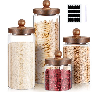 Gerrii Glass Storage Jars Set of 4, Clear Food Storage Containers with Wooden Lids Airtight Kitchen Canisters with Sticker and Chalk for Candy Cookie Rice Sugar Flour Pasta Nuts Beans Spice, 4 Sizes