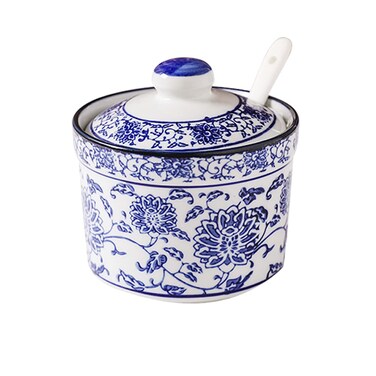 Fashion &amp; Lifestyle Ceramic Blue and White Porcelain Sugar Bowl Spice Jar with Lid and Spoon Seasoning Box Condiment Pots White Sugar Dispenser 8 Ounces