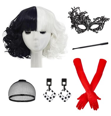 Mildiso 6pcs Cruella Deville Wig Accessories for Cruella Deville Costume Women Cruella Wig with Gloves Mask Earrings Black and White Cruella Wig for Halloween Cruella Costume M128BW