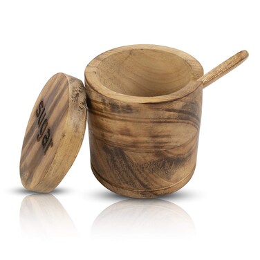 Decorative Rustic Wooden Sugar Seasonings Bowl Box Cellar Keeper With Lid &amp; Spoon Wide Mouth Herb Spice Jar Holder Serving Bowl Pantryware Serverware Loose Tea Storage Container Novelty Home &amp; Kitchen