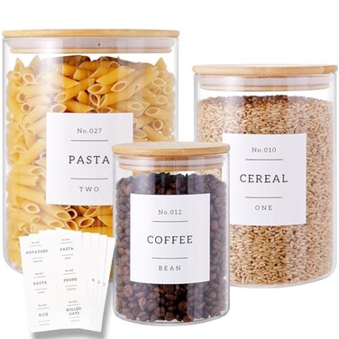 3 Pcs Glass Canisters with Airtight Bamboo Lids and 42 Kitchen Pantry Labels Preprinted - Clear Glass Flour and Sugar Storage Container Set - Large Glass Jars with Wood Lids(100 OZ/54 OZ/27 OZ)