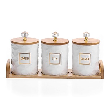 JUXYES Set of 3 Ceramic Canisters Set for Sugar Coffee Tea With Handle Tray, Luxurious Storage Containers Sets with Lids Decorative Storage Pots White Ceramic Storage Jar for Kitchen Dining Counter
