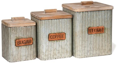 Red Co. Set of 3 Pre-Labeled Sugar, Coffee &amp; Flour Distressed Metal Storage Canister Jars with Wooden Lids