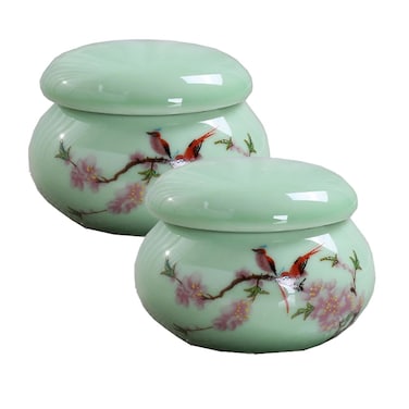 2Pcs Empty Mini Cute Ceramic Bottle Canisters Flower Pattern Portable Travel Loose Tea Pot Jar Contanier with Lid for Storage Spices Powder Cream Lotion Loose Tea, Green