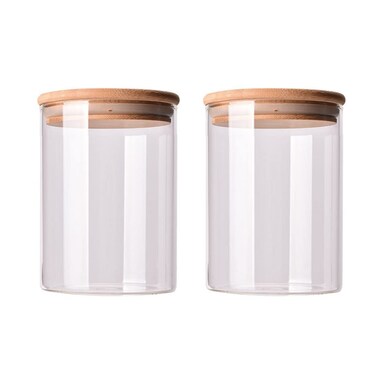 2 Pcs 250ml Clear Glass Jars with Airtight Bamboo Lids Sugar Candy Storage Container Wood Cover Glass Kitchen Canisters Pots Bottles for Pantry Organization Sealed Can Tank 8oz