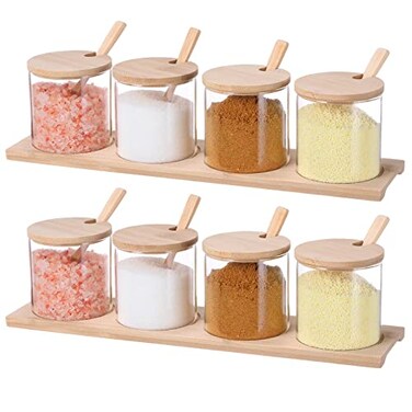 Zubebe 8 Pcs 10 oz Clear Glass Seasoning Jar with Wooden Lid and Spoon Adorable Sugar Condiment Jar Canisters Pot Set Bath Salt Storage Jar Sugar Container Box for Home Cafe Kitchen