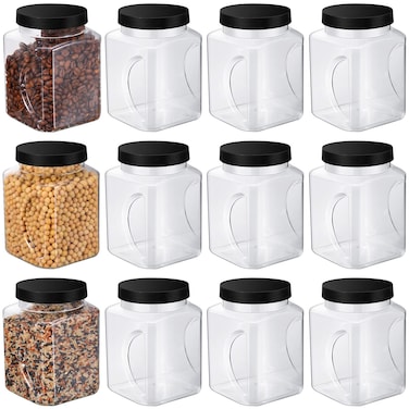 Gerrii 12 Pack 32 Oz Plastic Jar with Lid Bulk 1/4 Gallon Clear Grip Storage Containers Clear Grip Jars Empty Wide Mouth Containers Household Dried Food Canisters for Kitchen Honey Candy, Black Lid
