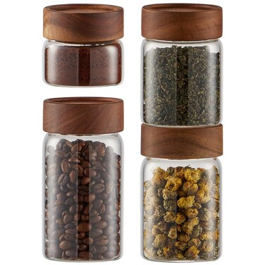 Verdental 4 Pcs Round Coffee Storage Jars Container Kitchen Glass Canister Set Storage Bottles with Airtight Lid Stackable Cylinder Spice Jars with Wood Lid Seasonings Cans(4 oz/6 oz/8 oz/10 oz)