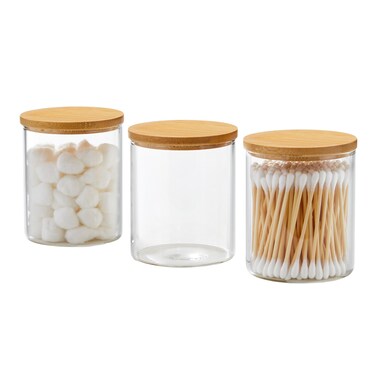 INIUNIK 3 Pack Glass Qtip Holder Bathroom Set, Clear Apothecary Jars with Lids, Cotton Ball Swab Round Holder Bathroom Essential Canisters Accessories for Organization and Storage