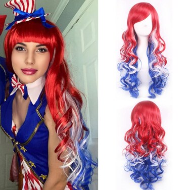BERON 26 Inches Red White and Blue Wig Long Curly Wig with Bangs Colored Wigs for Women Wig Cap Included