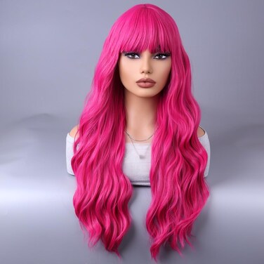 WTHCOS Hot Pink Wigs for Women Long Curly Wavy Hot Pink Wig with Bangs Rose Red Wig Neon Pink Wig Magenta Wig Heat Resistant Synthetic Wig with Wig Cap (Hot Pink)