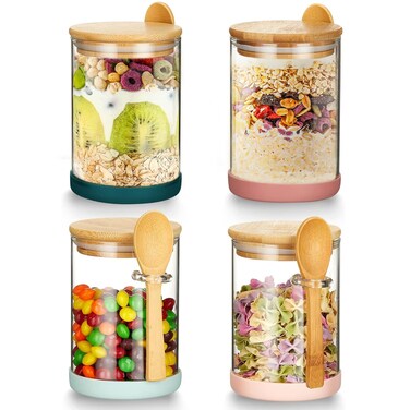 Mfacoy Set of 4 Airtight Glass Jars with Bamboo Lids &amp; Spoons, 17 oz Borosilicate Overnight Oats Containers with Lids, Clear Food Storage Canister for Cookie, Candy, Coffee, Sugar, Matcha Tea, Flour