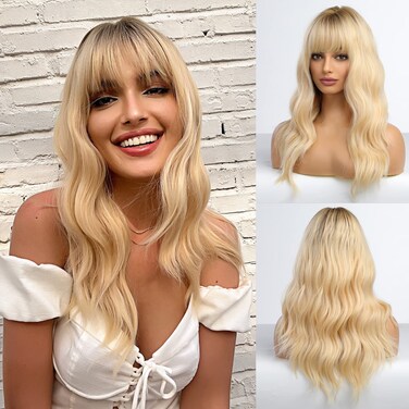 HAIRCUBE Long Wave Blonde Wigs With Bangs,Ombre Blonde Curly Wigs for Women Heat Resistant Synthetic Wigs