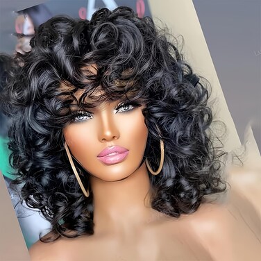 QITAQOTA Pixie Cut Wig Wigs for Women Short Curly Wig BOB Glueless Wig Afro Rose Curly Funmi Wigs with Bang 12inch (Color Black)