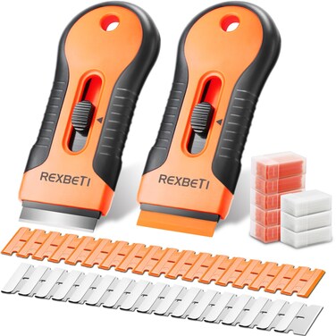REXBETI Razor Blade Scraper Tool, 2 Pack Razor Scraper Set with Extra 30Pcs Metal and 50Pcs Plastic Blades, Cleaning Scraper Tool, Cooktop Scraper, Paint Scraper, Glass Scraper